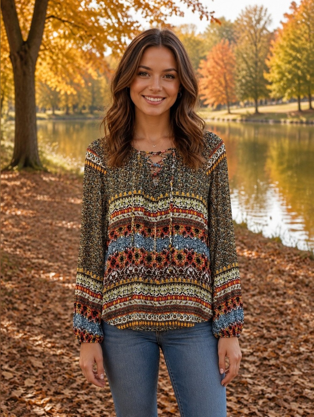 Farmers Market Multi Color Lace-Up Peasant Blouse Size M